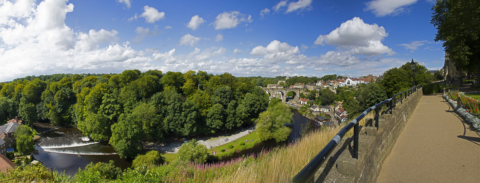 Here is a panoramic view of the river nidd from Knaresborough castle. On the other side there is the car park for Old Mother Shipton's Cave.